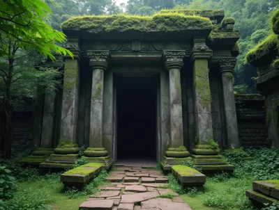 Ancient Stone Temple Entrance In Overgrown Forest