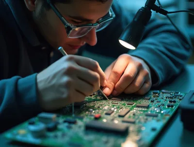 Technician Repairing Electronic Circuit Board With Precision Tools