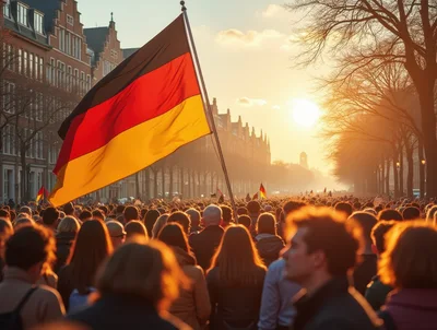 Crowd Demonstrating With German Flags At Sunset