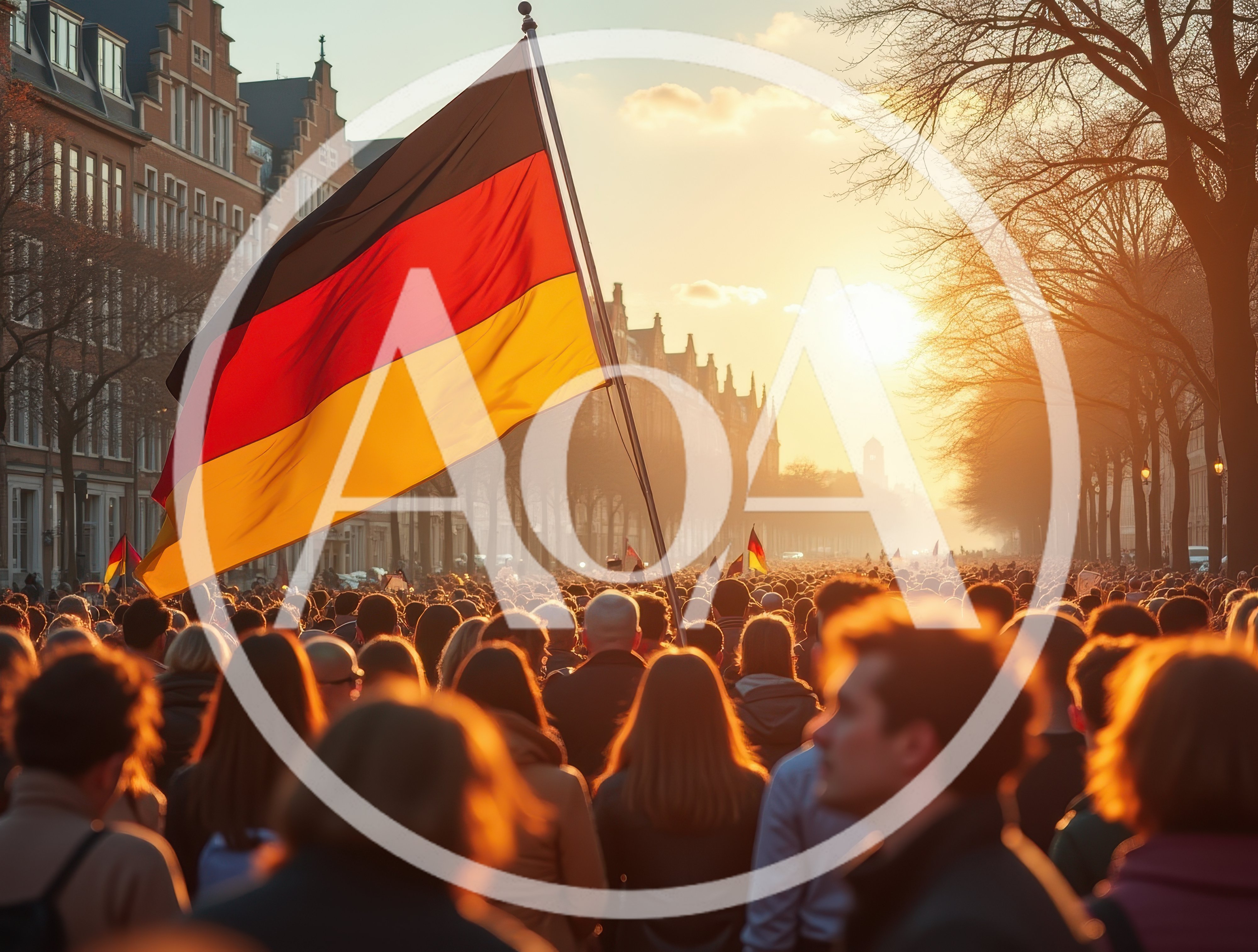Crowd Demonstrating With German Flags At Sunset