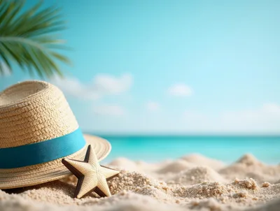 Straw Hat and Starfish on Tropical Beach