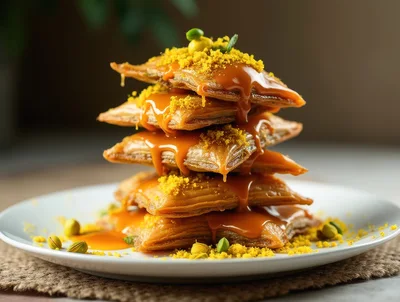 Stack of Caramel Drizzled Pastries on a Plate