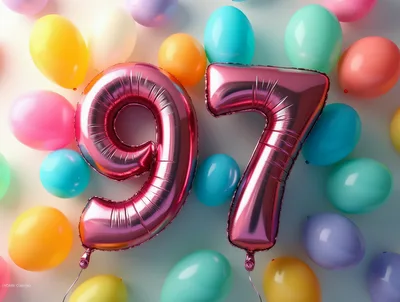 Pink Foil Number 97 Balloons With Colorful Party Balloons