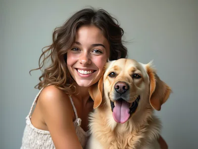 Happy Young Woman Hugging Her Golden Retriever