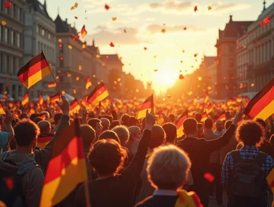 Crowd Celebrating With German Flags At Sunset