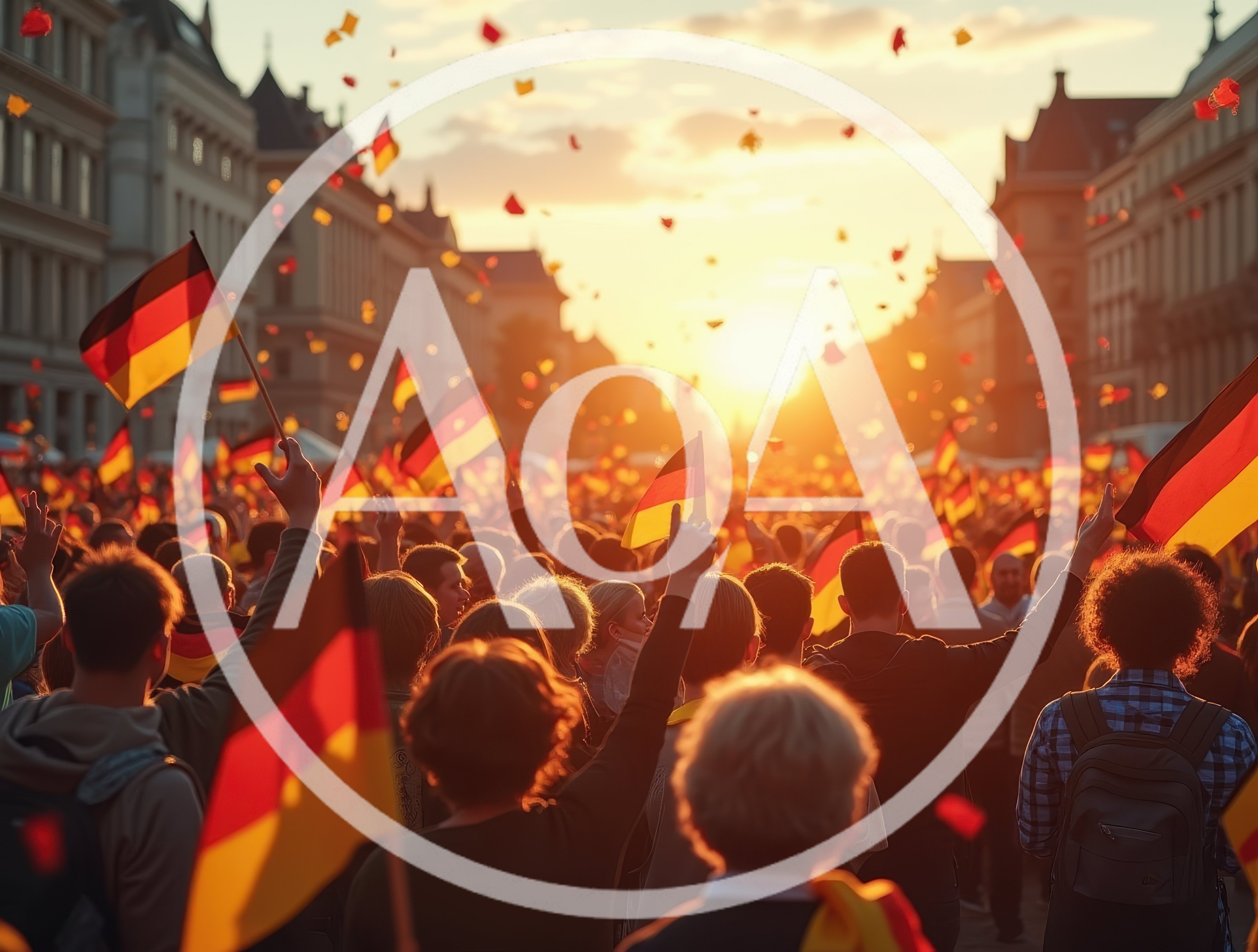 Crowd Celebrating With German Flags At Sunset