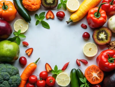 Fresh Organic Fruits and Vegetables Arranged in a Circle