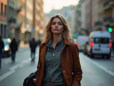 Blonde Woman Walking Through A Busy City Street