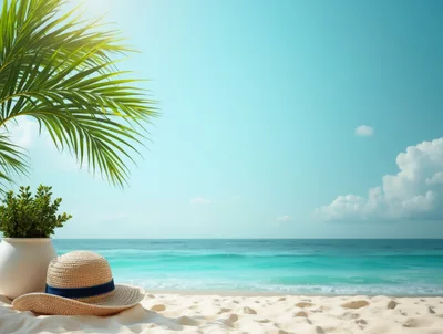 Straw Hat and Potted Plant on Tropical Beach