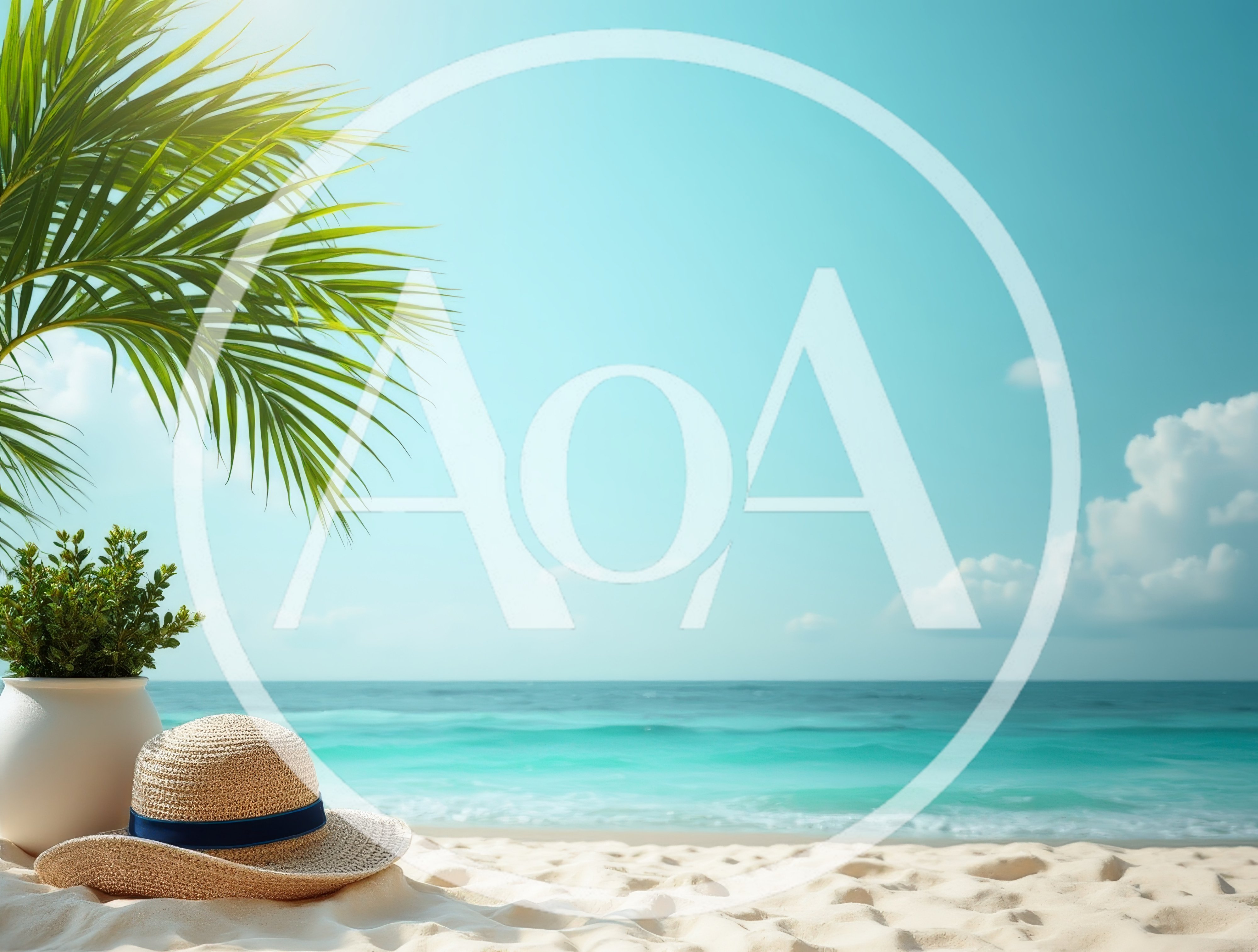 Straw Hat and Potted Plant on Tropical Beach