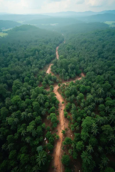 Aerial View Of A Dirt Path Through A Lush Forest