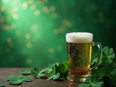Glass Of Beer With Shamrock Leaves