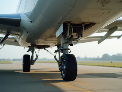 Close Up Of Airplane Landing Gear On Tarmac