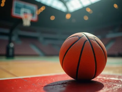 Basketball Resting On A Professional Indoor Court