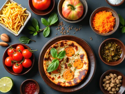Flatbread Pizza With Fresh Ingredients On Dark Table