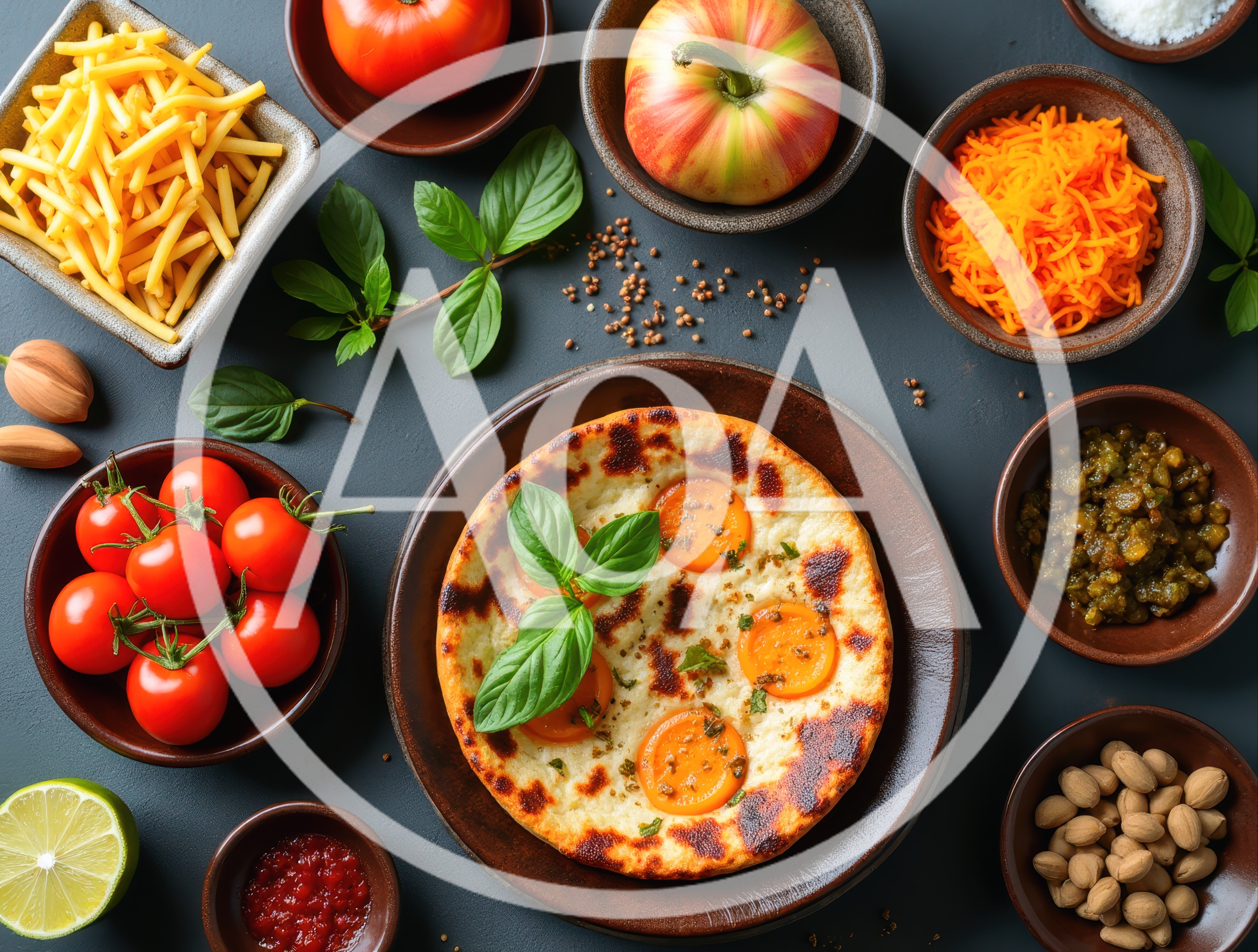Flatbread Pizza With Fresh Ingredients On Dark Table