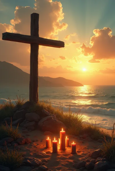 Wooden Cross With Lit Candles At Sunset