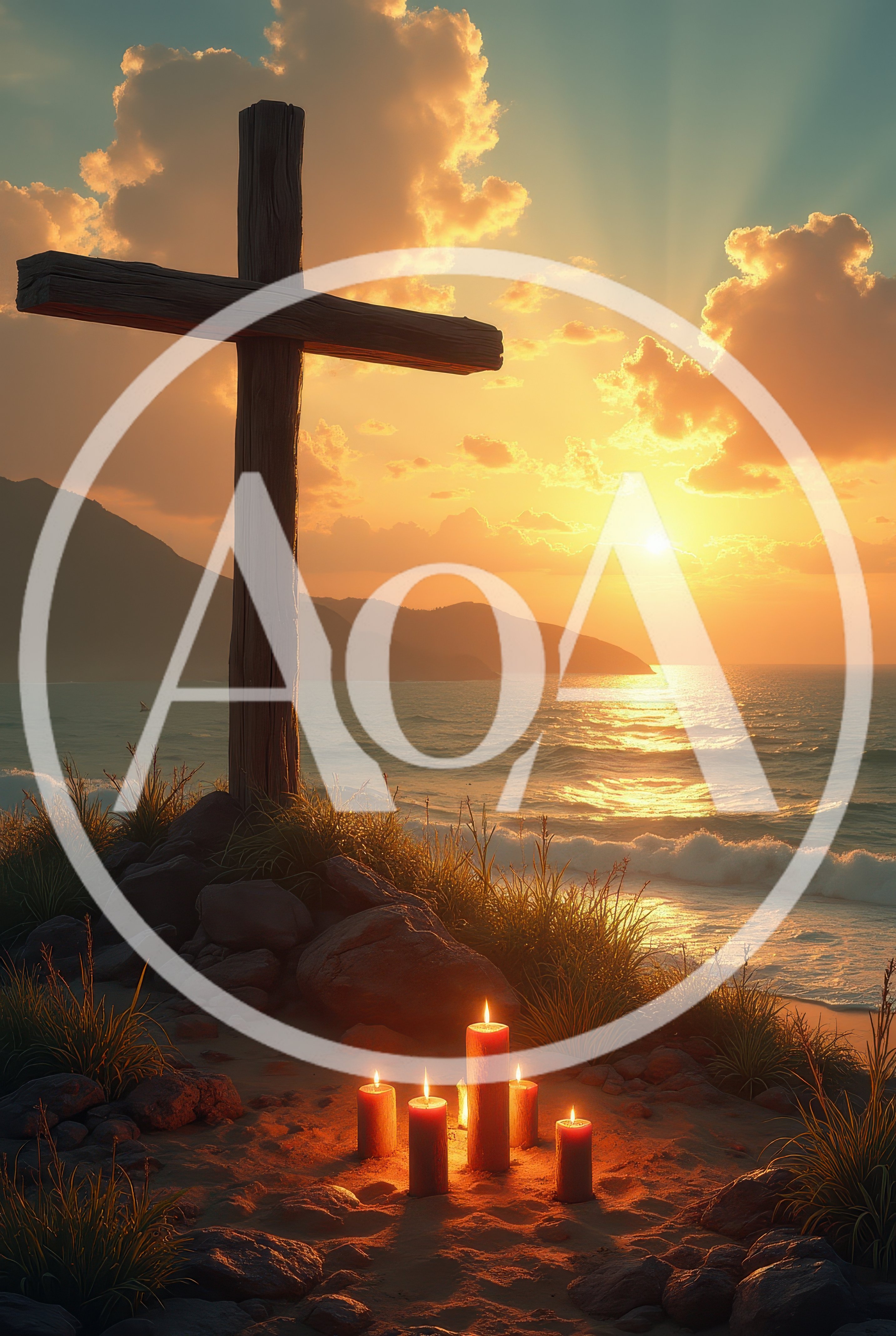 Wooden Cross With Lit Candles At Sunset