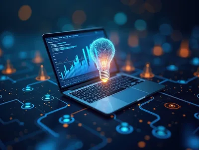 Digital Laptop With Glowing Data Visualization Lightbulb