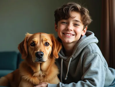 Happy Boy Hugging His Golden Retriever Dog