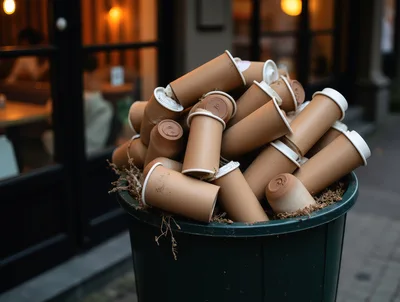 Overflowing Trash Can Filled With Used Coffee Cups