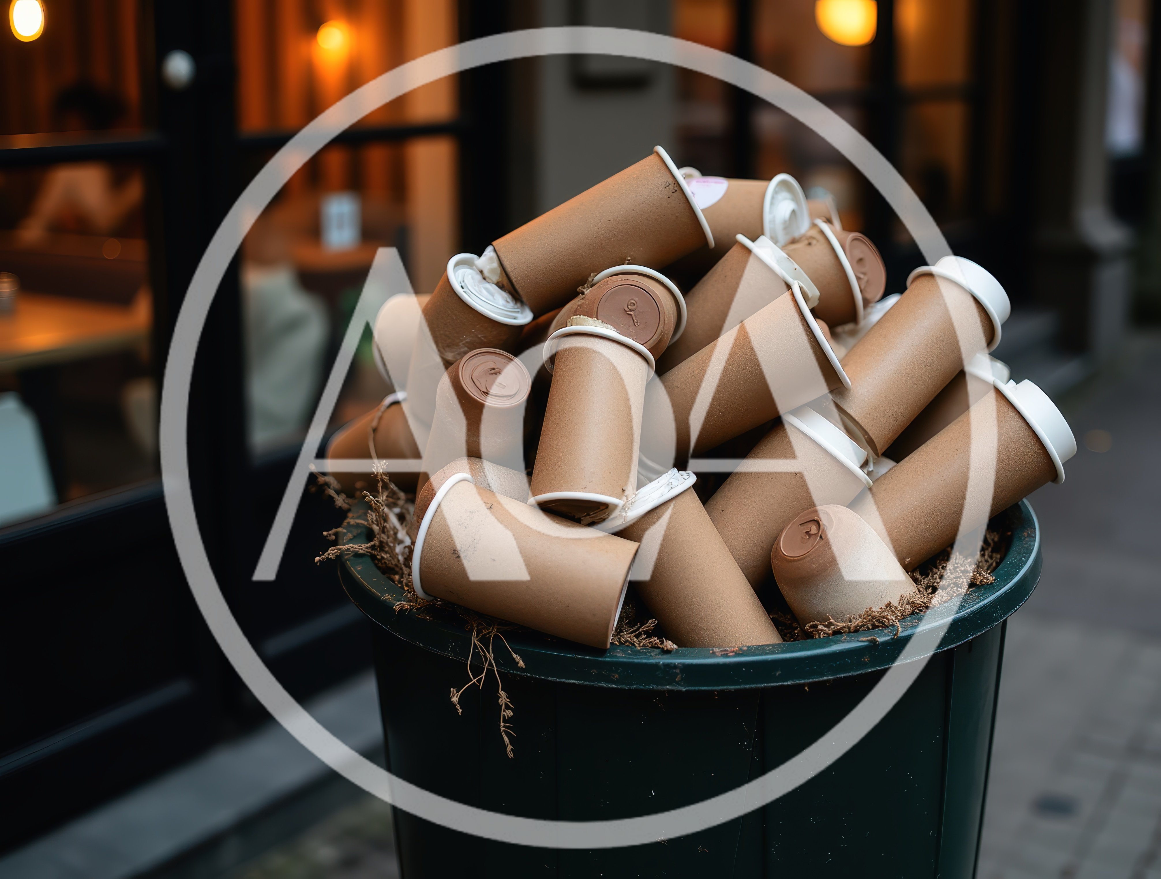 Overflowing Trash Can Filled With Used Coffee Cups