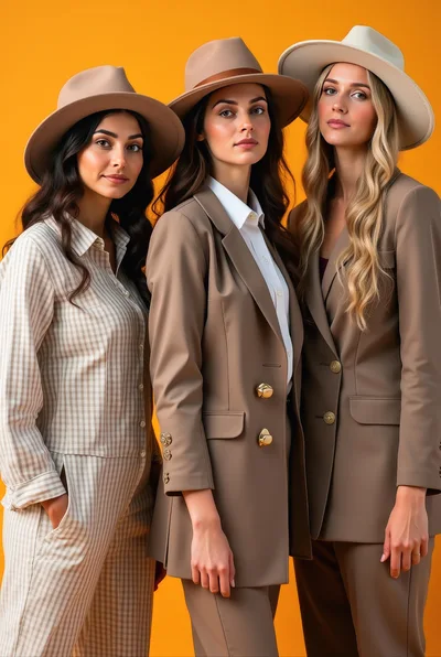 Three Stylish Women Wearing Fedora Hats and Blazers