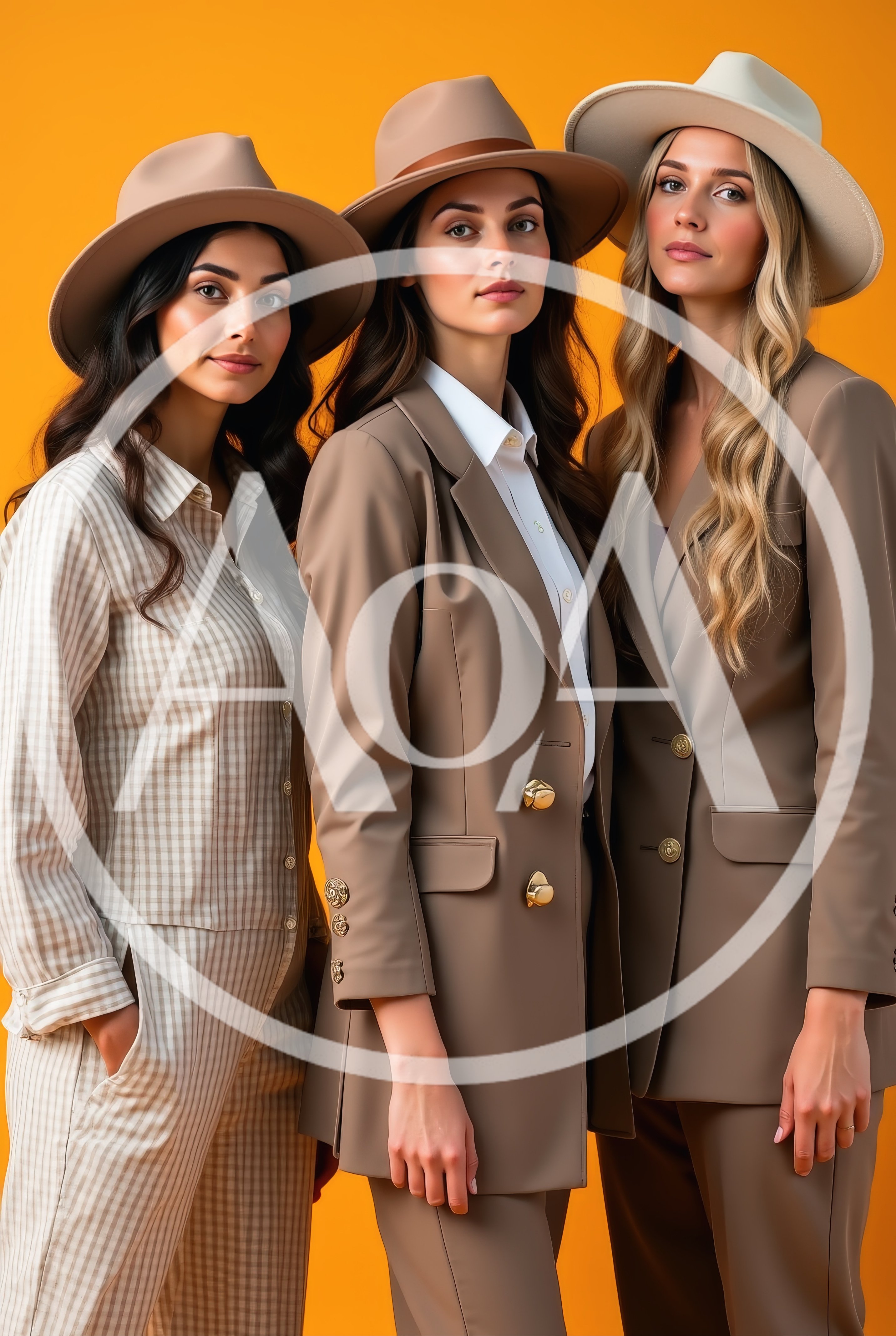Three Stylish Women Wearing Fedora Hats and Blazers