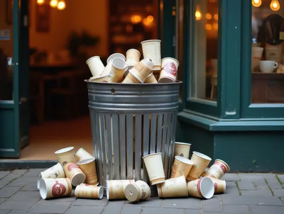Overflowing Metal Trash Can With Discarded Coffee Cups