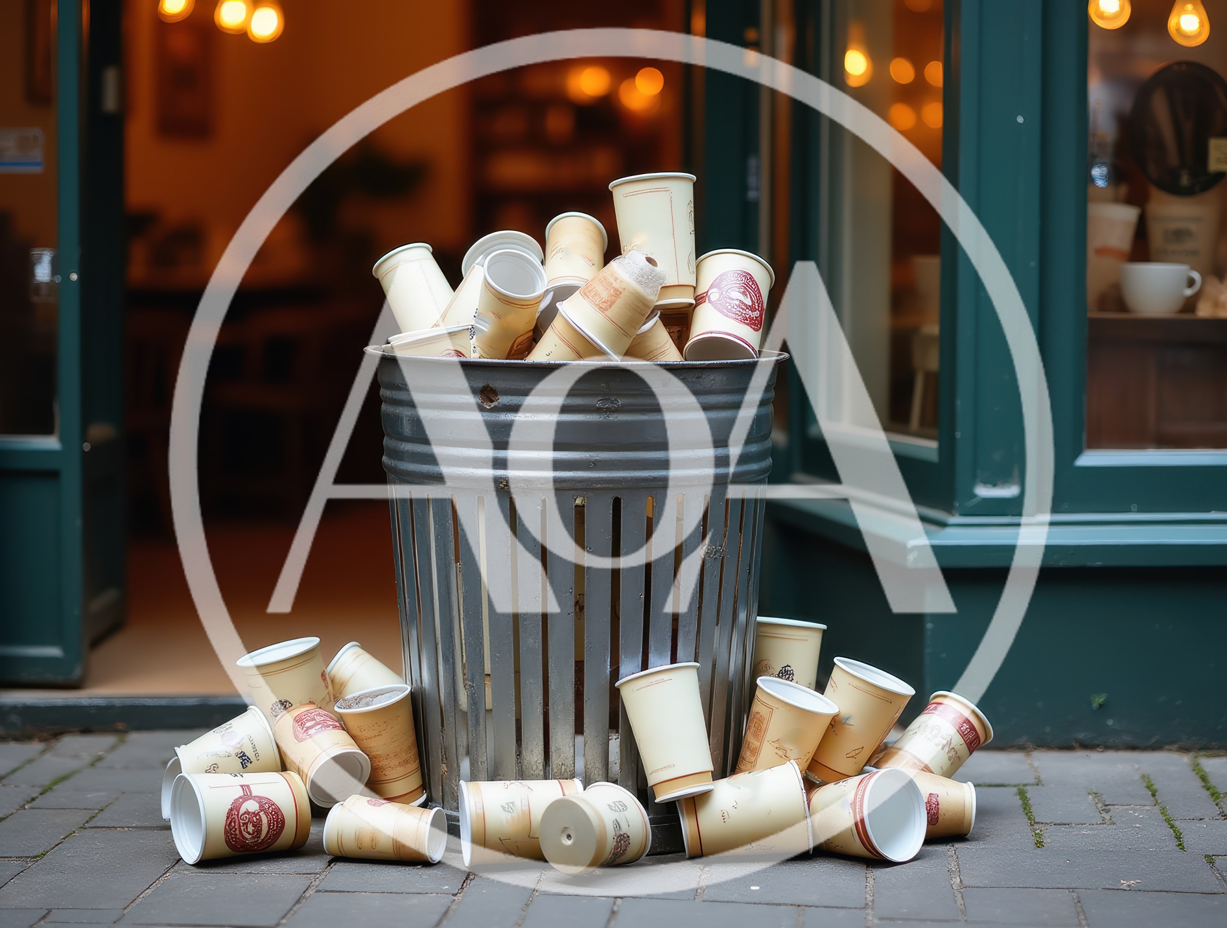Overflowing Metal Trash Can With Discarded Coffee Cups
