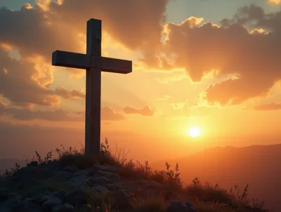 Wooden Cross Standing On A Rocky Hill At Sunset