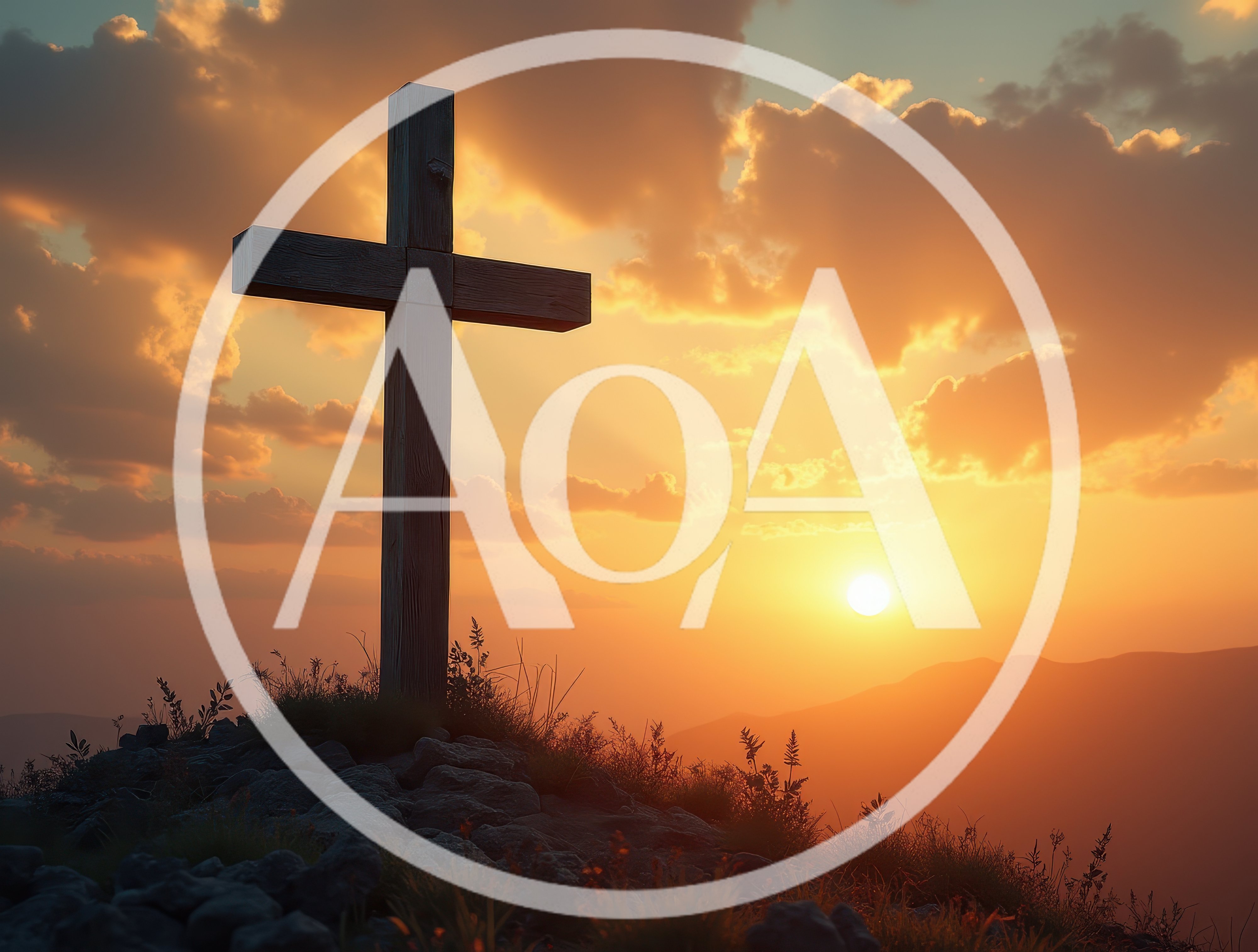 Wooden Cross Standing On A Rocky Hill At Sunset