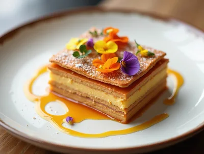Gourmet Mille-Feuille Pastry With Edible Flowers