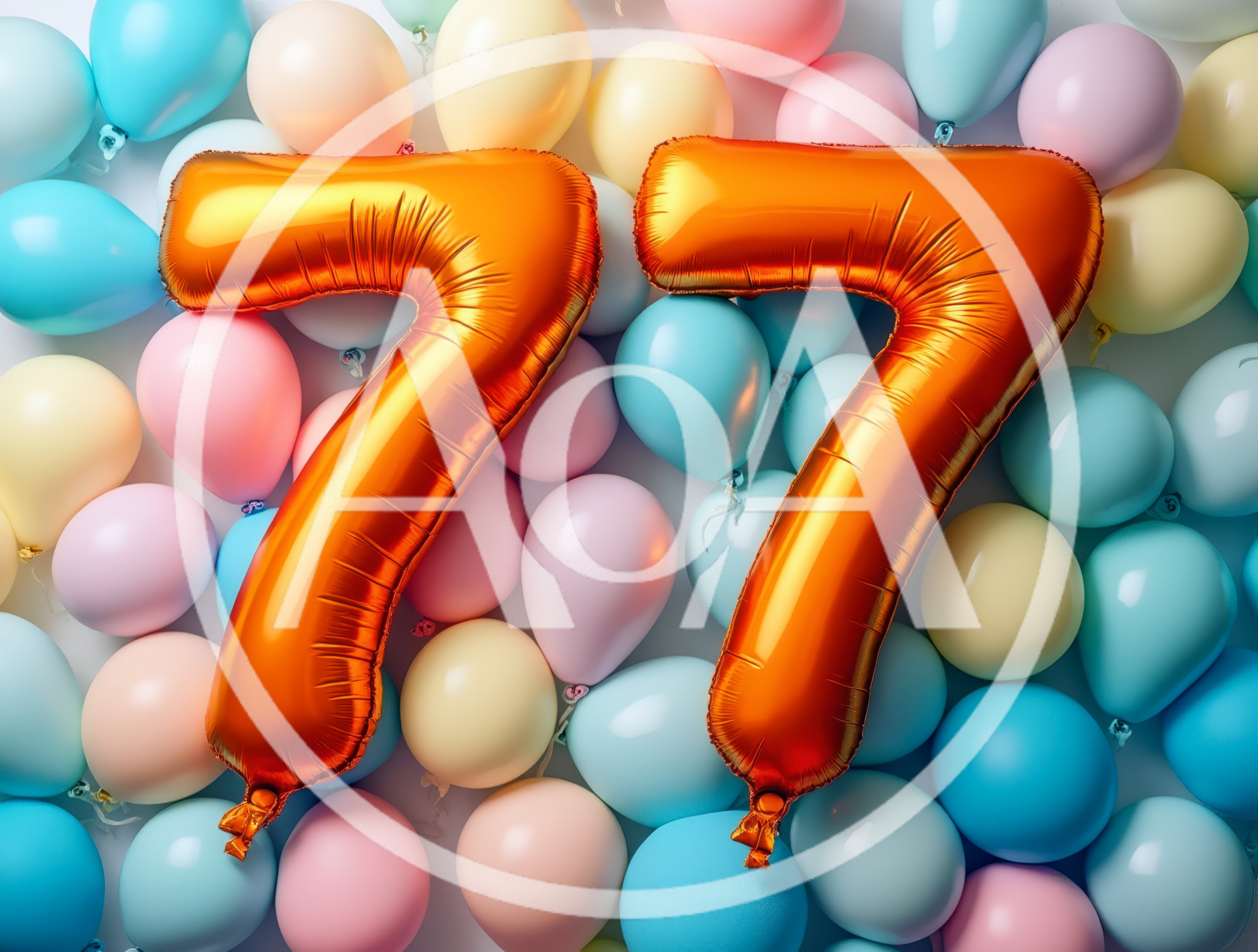 Gold Number 77 Balloons on Pastel Background