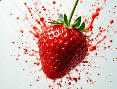 Fresh Strawberry Exploding With Red Juice Splashes