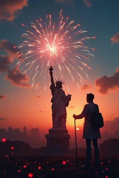 Silhouette Of A Man Watching Fireworks Over Statue Of Liberty