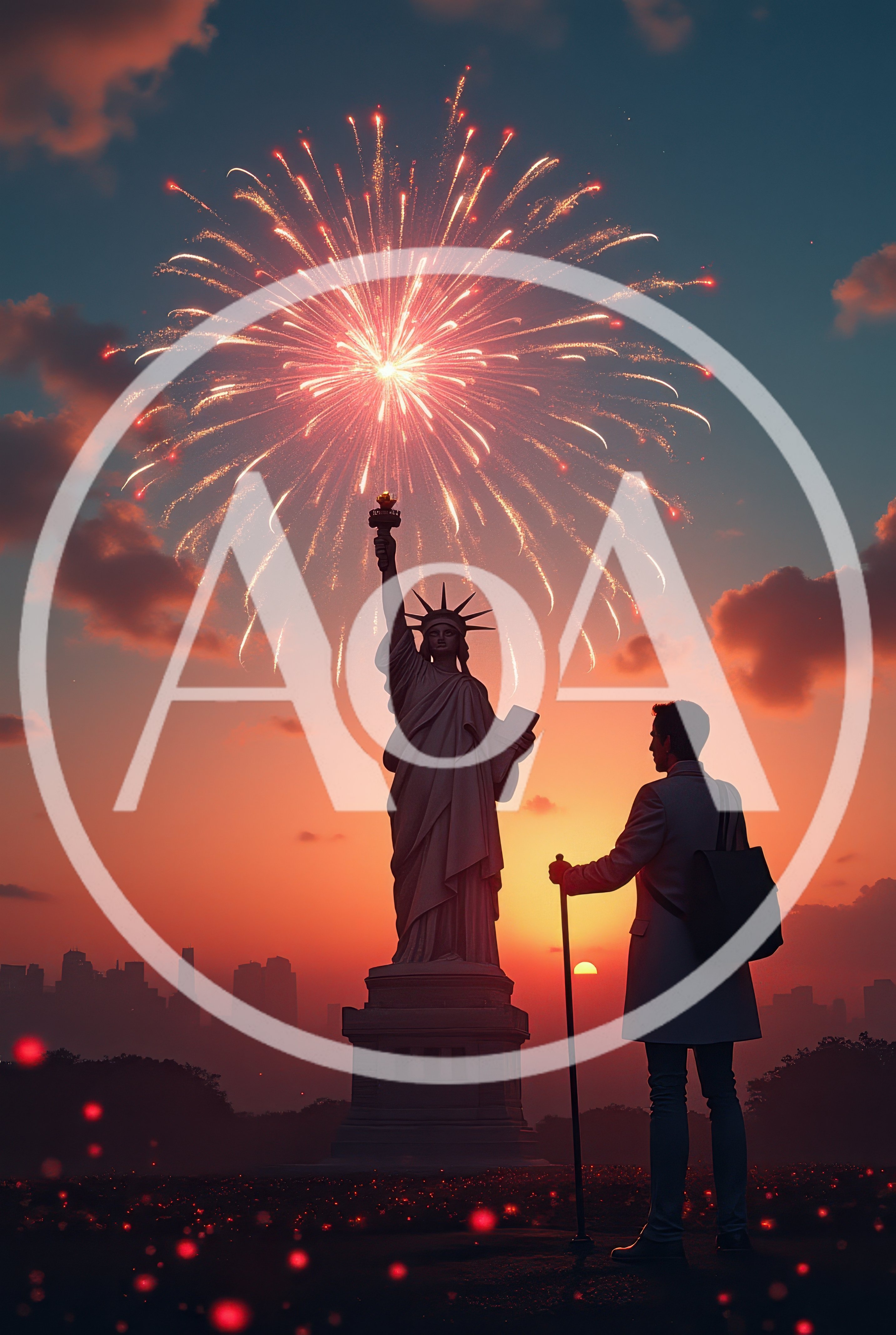 Silhouette Of A Man Watching Fireworks Over Statue Of Liberty