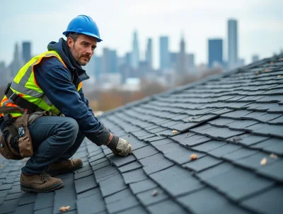 Professional Roofer Inspecting Shingles on Residential Roof