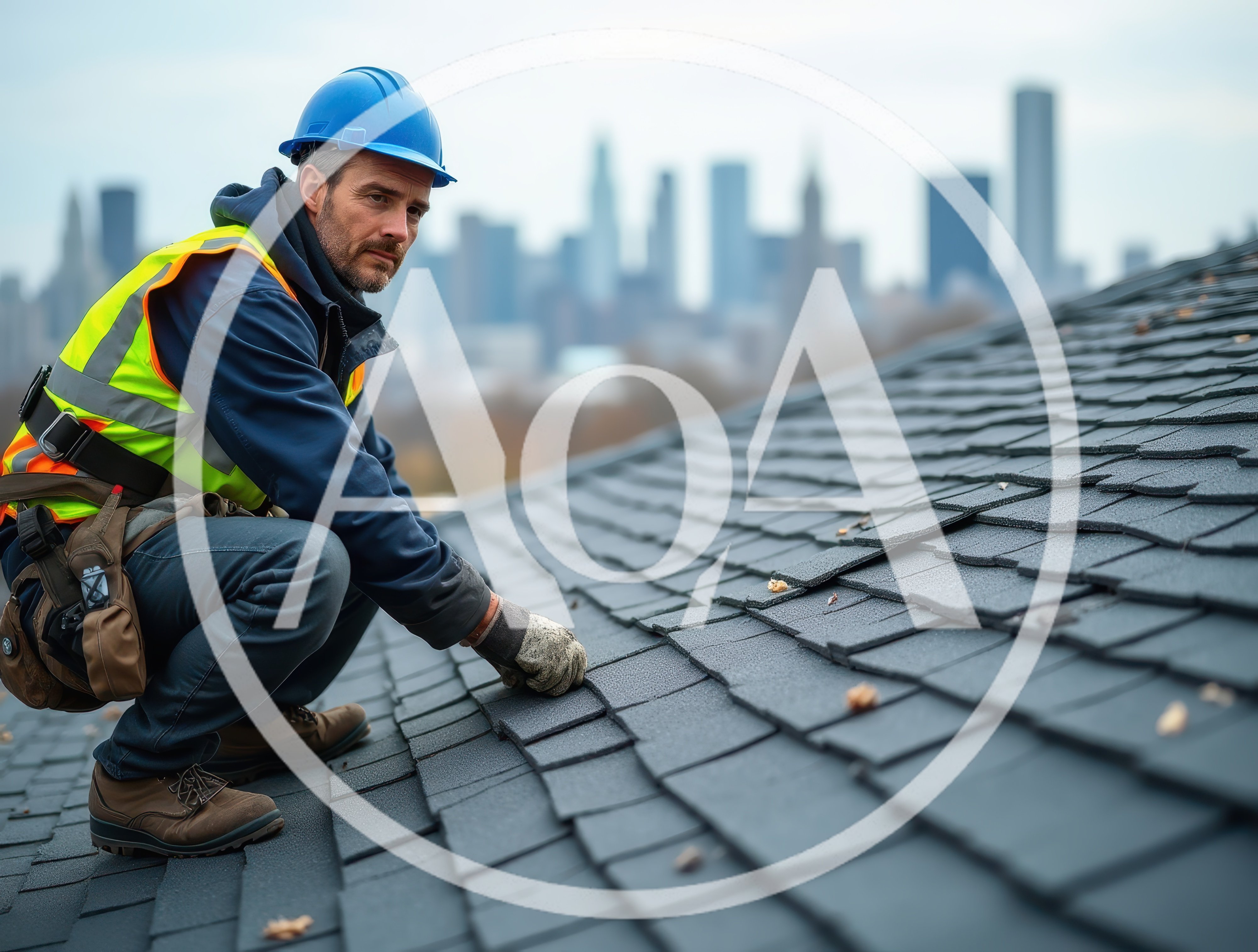 Professional Roofer Inspecting Shingles on Residential Roof