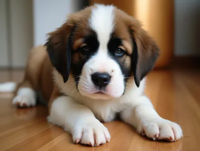 Adorable Saint Bernard Puppy Lying On Wooden Floor