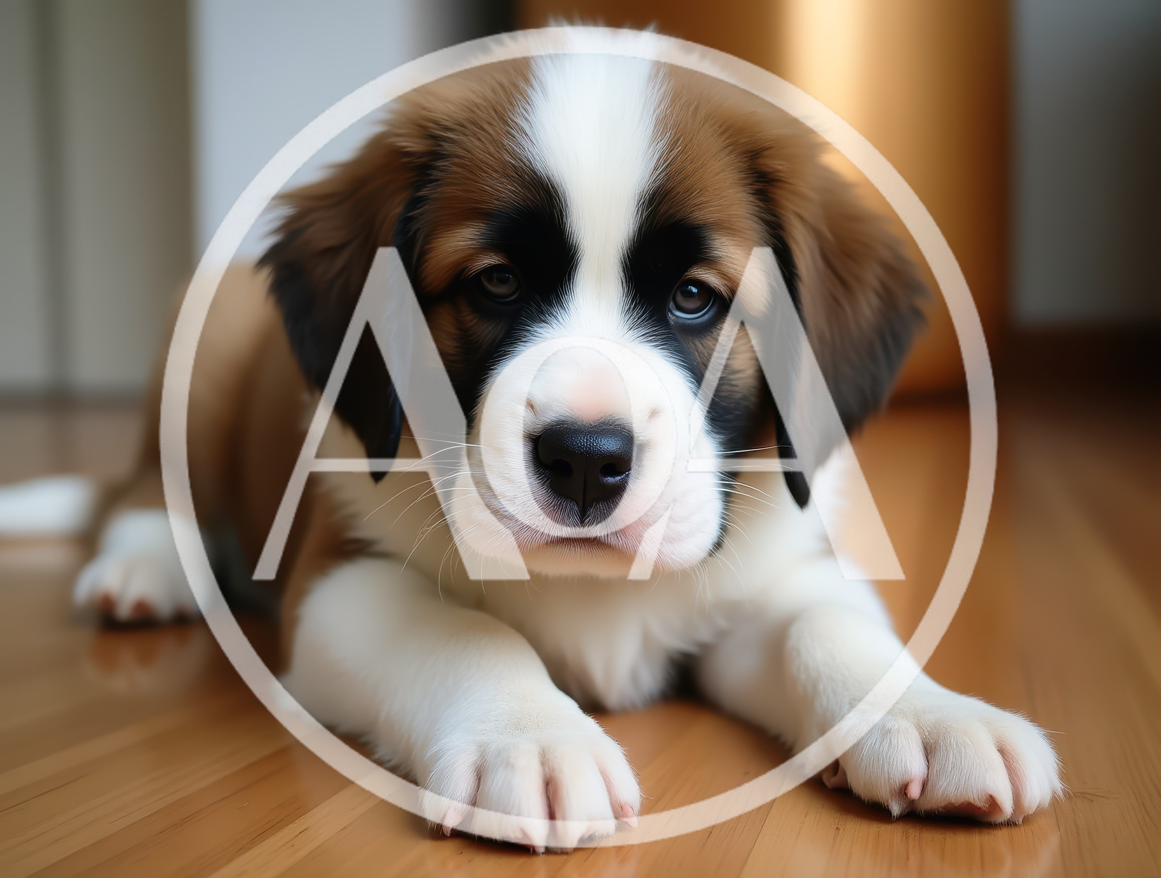 Adorable Saint Bernard Puppy Lying On Wooden Floor