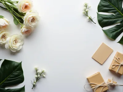 Flat Lay Composition with Roses and Gift Boxes