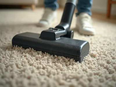 Person Vacuuming Thick Shag Carpet In Living Room