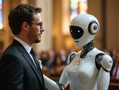 Man Marrying A Futuristic Humanoid Robot In Church