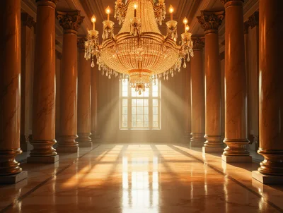 Grand Hallway With Ornate Chandelier And Marble Columns