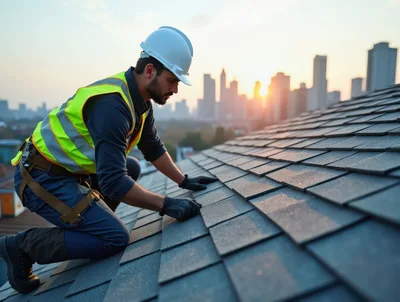 Construction Worker Inspecting Shingles On Residential Roof