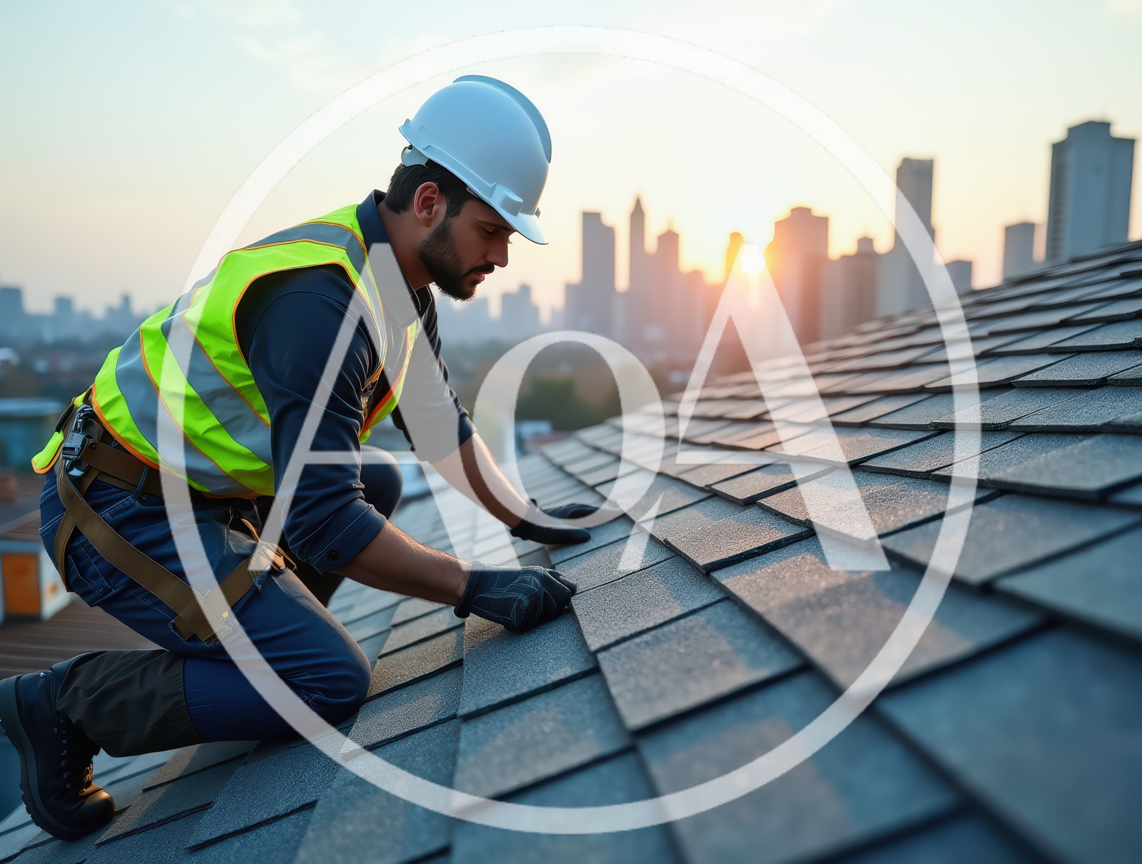 Construction Worker Inspecting Shingles On Residential Roof