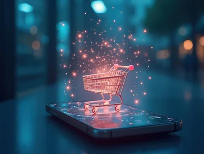 Miniature Shopping Cart Glowing On Smartphone Screen