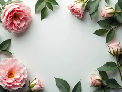 Pink Rose Floral Frame on White Background