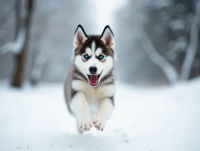 Happy Siberian Husky Puppy Running Through Snowy Forest